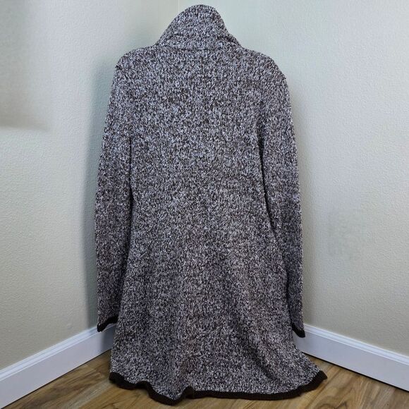 🩵Brown & White Variegated Trim Open Front Hooded Cardigan Large - Picture 4 of 14